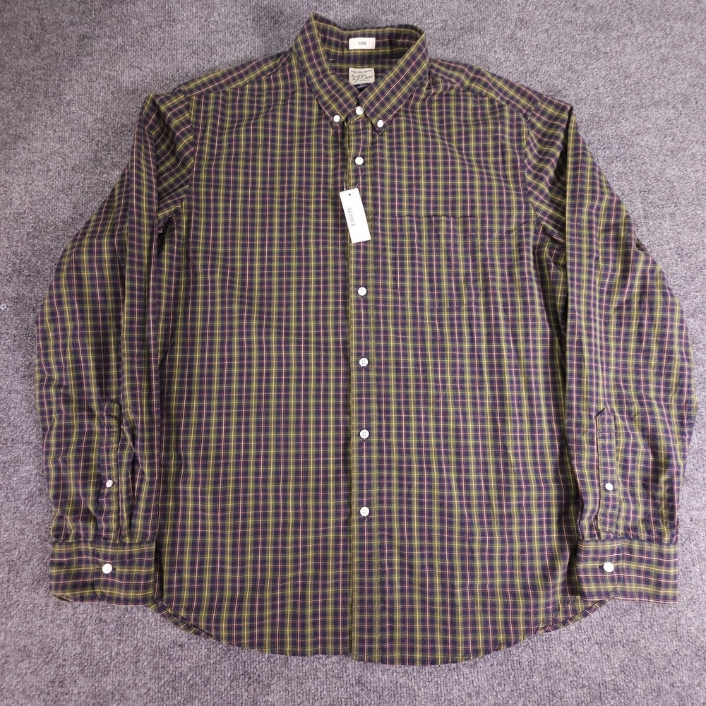 J Crew Shirt Mens XL Blue Yellow Green Plaid Slim Fit Secret Wash Stretch Casual